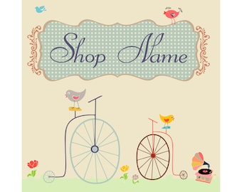 Premade Etsy Shop Set Banners and Avatars Vintage Bio Style Pastel Colors Retro Bicycle Birds Flowers Gramophone Ornaments Facebook Timeline