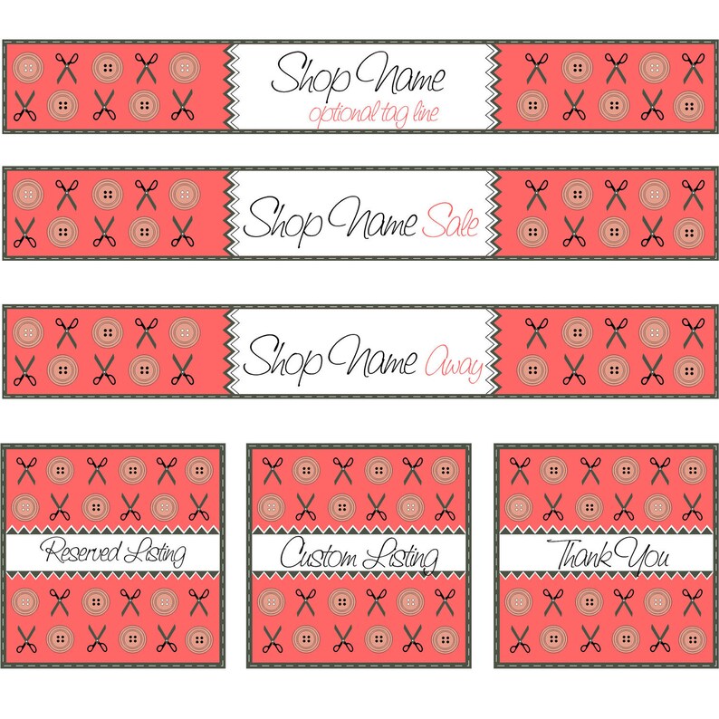 Watermelon Etsy Cover Photo Premade Etsy Shop Set Fashion Clothes Scissors and Buttons Pattern Banners Custom Graphic Design Tailor Style image 2