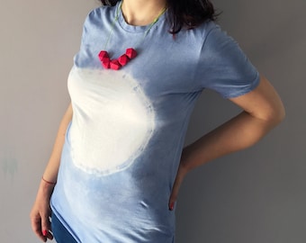 Unisex Shibori Baby Blue Dip Dye T-shirt Size Small Hand Dyed Summer Vegan Fashion Top Tie Dye OOAK Navy Blue Cotton Unique White Circle Art