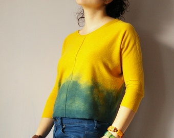Ombre Yellow Cropped Sweater Tie Dye Navy Blue Women Upcycled Top Hand Dyed Knitwear Unique Shibori Blouse Online Clothes Shopping Ladies