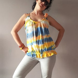 Dip Dye Yellow Orange Blue White Tank Unique Stripe Shibori Womens Top Vegan Fashion One Of A Kind Camisole Summer Blouse Ombre Ruffles Top image 1