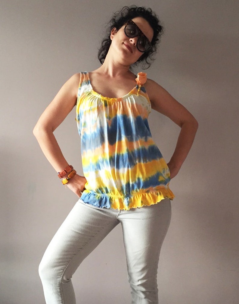 Dip Dye Yellow Orange Blue White Tank Unique Stripe Shibori Womens Top Vegan Fashion One Of A Kind Camisole Summer Blouse Ombre Ruffles Top image 1