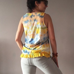 Dip Dye Yellow Orange Blue White Tank Unique Stripe Shibori Womens Top Vegan Fashion One Of A Kind Camisole Summer Blouse Ombre Ruffles Top image 3