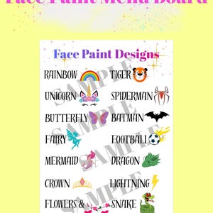 Menú imprimible de pintura facial en formato PDF tamaño A4