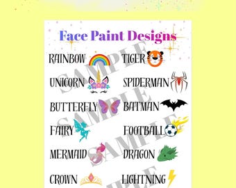 Face Painting Menu Board Printable A4 PDF