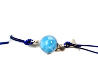 Nice Blue Larimar Stones Blue Leather Cord Handmade Bracelet Men / Women