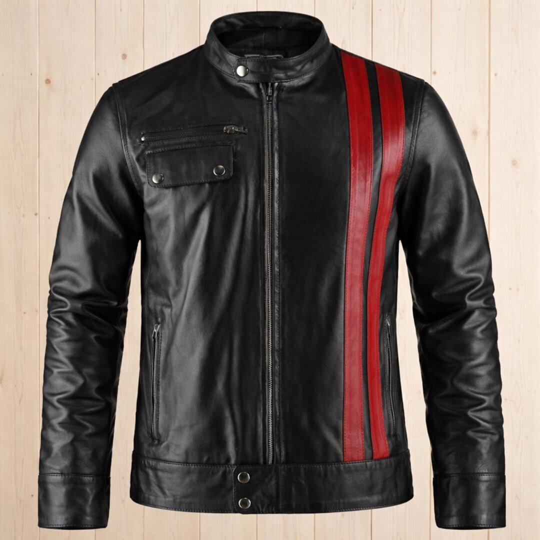 Men's Black Leather Cafe Racer Jacket, Red Stripe Biker Style Coat - Etsy