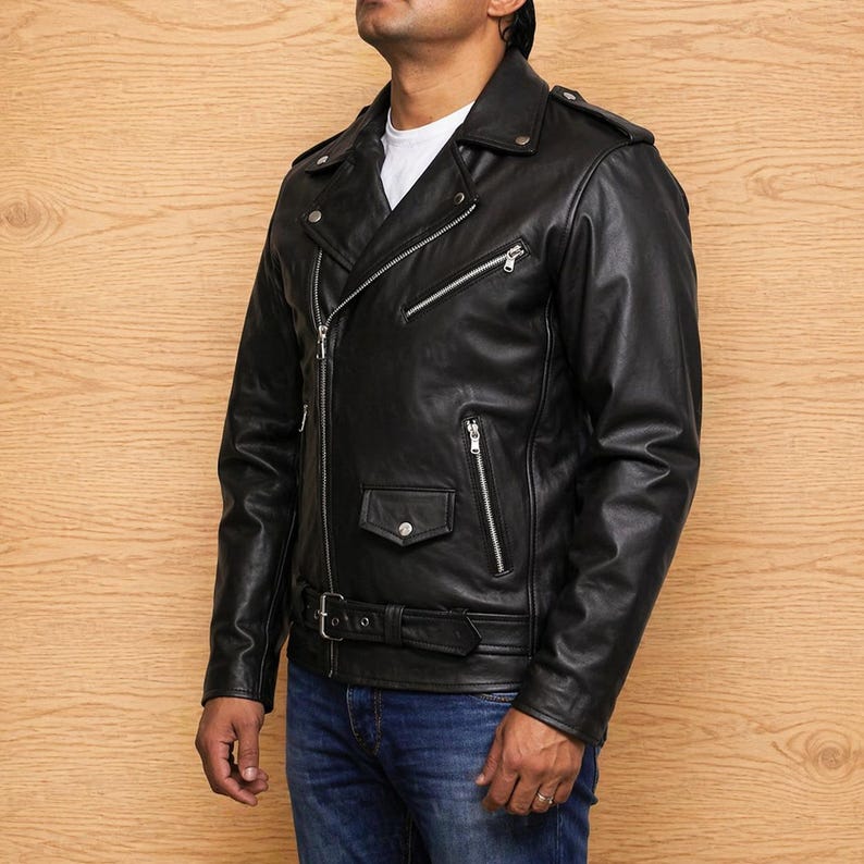 Handmade Genuine Black Leather Biker Jacket - Personalized Fit