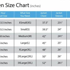 Puede incluir: Una tabla de tallas para mujeres en pulgadas. La tabla incluye medidas de busto, pecho de chaqueta, mangas y hombros para tallas XSmall a 3XLarge. La tabla est&aacute; dise&ntilde;ada para ayudar a los clientes a encontrar la talla de chaqueta correcta.