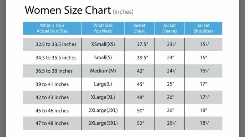 Puede incluir: Una tabla de tallas para mujeres en pulgadas. La tabla incluye medidas de busto, pecho de chaqueta, mangas y hombros para tallas XSmall a 3XLarge. La tabla est&aacute; dise&ntilde;ada para ayudar a los clientes a encontrar la talla de chaqueta correcta.