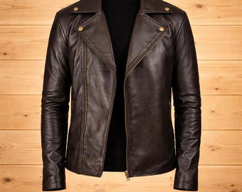 Bruin leren double-rider bikerjack, slimfit motormotorjas