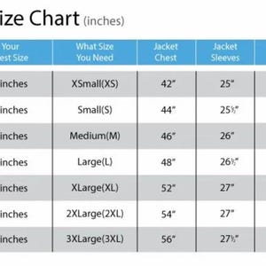 Puede incluir: Tabla de tallas de chaquetas para hombre, con medidas en pulgadas. La tabla incluye la medida del pecho, la talla de la chaqueta, el pecho, las mangas y los hombros. Las tallas van de XSmall a 3XLarge.