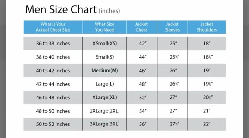 Puede incluir: Tabla de tallas de chaquetas para hombre, con medidas en pulgadas. La tabla incluye la medida del pecho, la talla de la chaqueta, el pecho, las mangas y los hombros. Las tallas van de XSmall a 3XLarge.