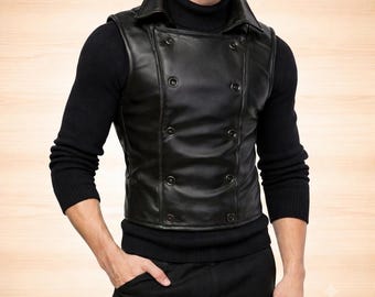 Chaleco cruzado de cuero negro para hombre – Chaleco gótico motero
