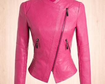 Pink Leather Biker Jacket Women, Asymmetrical Zip Moto Slim Fit Coat