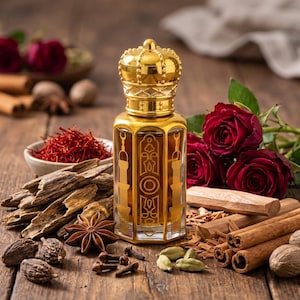 May include: A hexagonal glass perfume bottle with a gold-coloured crown-shaped cap and intricate gold filigree patterns. The bottle contains a dark amber liquid and is surrounded by saffron threads, star anise, cinnamon sticks, and red roses.