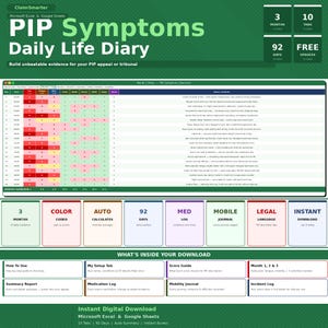May include: A digital PIP Symptoms Daily Life Diary template for Microsoft Excel and Google Sheets. The layout features a color-coded tracking table for 92 days, 10 tabs, and sections for medication logs, mobility journals, and incident reports.