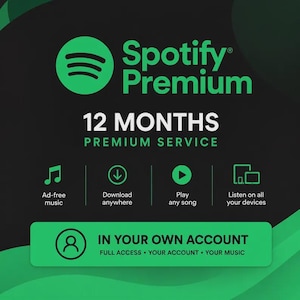 Puede incluir: Un gráfico digital negro y verde para el servicio Spotify Premium de 12 meses. Incluye el logotipo de Spotify, el texto 12 MONTHS PREMIUM SERVICE e iconos para música sin anuncios, descargas, reproducción de canciones y uso en dispositivos.