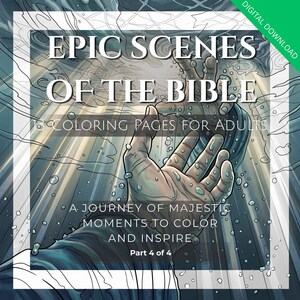 Könnte beinhalten: Ein digitales Malbuch-Cover zum Herunterladen mit dem Titel EPIC SCENES OF THE BIBLE 13 COLORING PAGES FOR ADULTS A JOURNEY OF MAJESTIC MOMENTS TO COLOR AND INSPIRE Part 4 of 4 mit einer Illustration von Händen, die nach oben greifen.