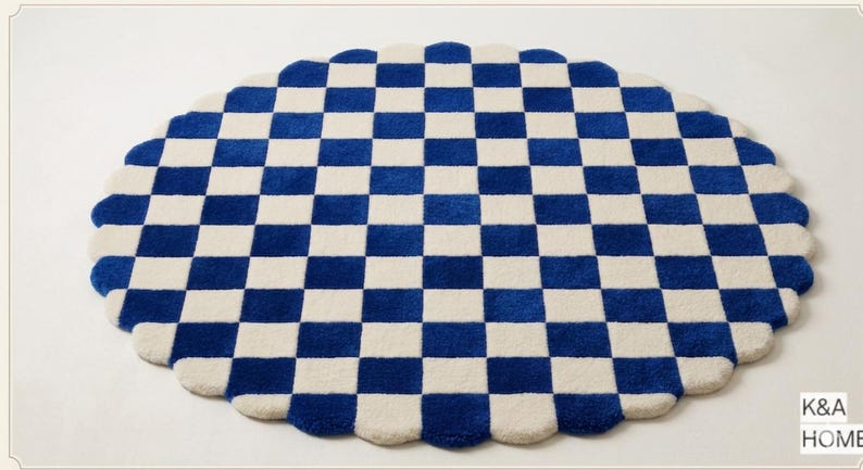 Hand Tufted Scalloped Checkerboard Rug, Round Checkered Area Rug, Cute ...