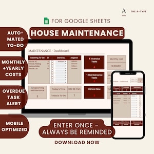 Könnte beinhalten: Ein digitales Hauswartungs-Dashboard für Google Sheets, angezeigt auf einem Laptop und Smartphone. Die Benutzeroberfläche bietet dunkelrote und beige Bereiche zur Nachverfolgung von Aufgabenlisten, monatlichen Kosten und Wartungsarbeiten.