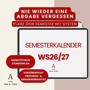 Semesterkalender PDF für GoodNotes und zum Ausdrucken | Studienkalender mit Stundenplan & Prüfungsplaner | Uni Kalender Wintersemester 2026