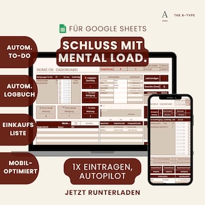 Könnte beinhalten: Eine digitale Home-Dashboard-Vorlage für Google Sheets auf einem Laptop- und Smartphone-Bildschirm. Die Oberfläche zeigt dunkelrote und beige Bereiche mit Texten wie "SCHLUSS MIT MENTAL LOAD", "HOME OS" und "MOBILE-DASHBOARD".