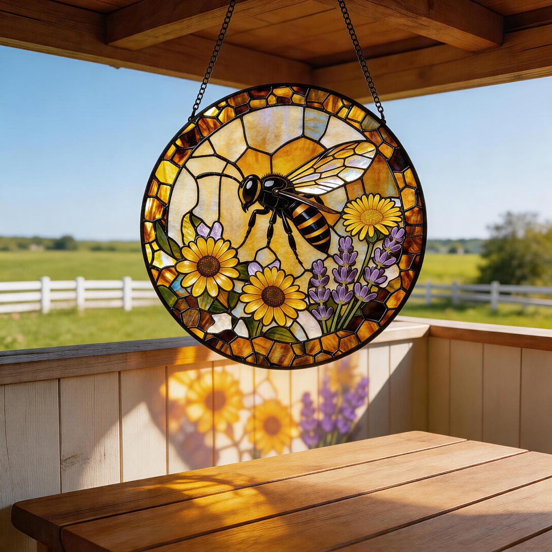 Stained Glass Bee Suncatcher Window Hanging, Floral Decor, Honey Bee ...