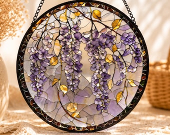 Acchiappasole in vetro colorato con glicine, decorazione rotonda da appendere alla finestra, decorazione floreale viola in vetro colorato, arte prismatica di luce colorata, regalo per la mamma