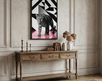 Pink Leopard Wall Art, Black and White Animal Print, Trendy Aesthetic Decor, Fashion Poster, Modern Girly Room Wall Art
