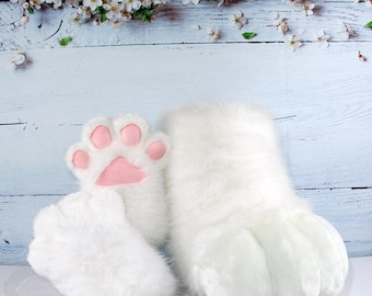 Custom Handmade Furry Paws – Plush White Fur with Pink Pads.