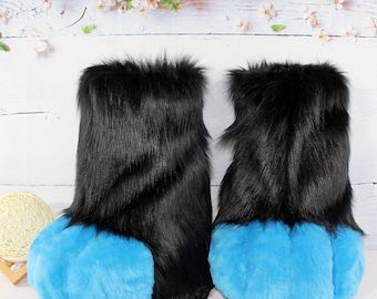 Black & Blue Fursuit Foot Paws,Plush Custom Furry Costume Shoes.