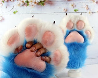 Furry fingerless animal paw gloves, customizable.