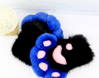 Blue and black color-blocked plush gloves, fluffy beast claw gloves, custom handmade orc plush clothing and accessories.
