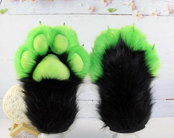 Handmade Plush Claw Gloves, Black green Faux Fur, Realistic Beast Claws, Custom Cosplay Accessory.