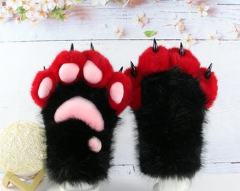 Two-tone red and black animal paws, pink plush padded gloves, with safety plastic claws, perfect for plush toy conventions.