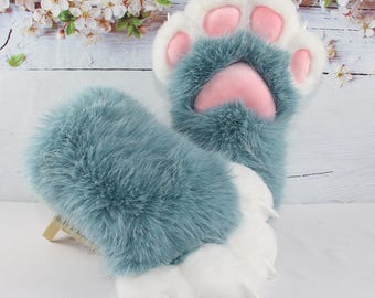 Handmade plush cat paws with fluffy blue-green plush paw pads, a cosplay plush accessory; fur color can be customized.