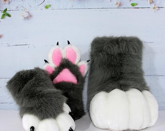 Grey Furry Animal Claw Paw Shoes & Gloves Fursuit Bundl.
