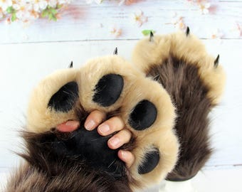 Fluffy Brown Tan Fursuit Paws With Exposed Fingers, Soft Furry Cat Wolf Claw Gloves, Cosplay Furry Hand Paws, Fursona Costume Accessories