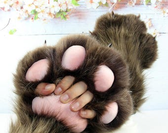 Handcrafted Brown Plush Fingerless Paw Gloves, Realistic Cosplay Animal Paws, Customizable Plush Colors.