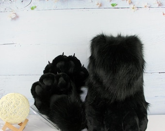 Handmade pure black plush claw shoes, unique animal-themed cosplay and fan gifts.