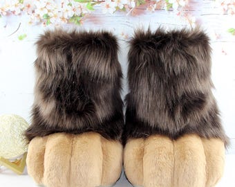 Wild Woodland Fursuit Feet, Gradient Brown Long Fur Calf Boots, Soft Plush Tan Paw Soles – Custom Handmade Anthro Cosplay Foot Paws.