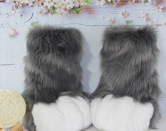 Grey White Faux Furry Boots, Custom Animal Paw Footwear, Cosplay Costume Feet