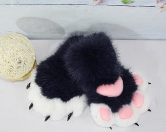 Handcrafted Plush Paw Gloves, Navy Faux Fur, Pink Paw Pads, Cosplay Accessory