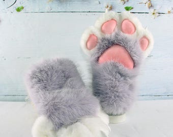 Customizable Plush Cat Paw Gloves, Light Purple Faux Fur, Cosplay Accessory