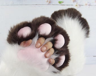 Brown White Fursuit Hand Paws, Fingerless Furry Paw Gloves, Soft Cosplay Cat Wolf Paws, Fursuit Partial Costume Accessories.
