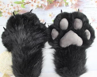 Fluffy Black Fursuit Hand Paws, Grey Heart Paw Pads, Sharp Claws, Cosplay Costume Accessory.