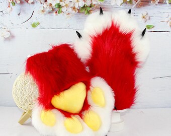 Handcrafted Plush Creature Claws, Fantasy Cosplay Fingerless Gloves.