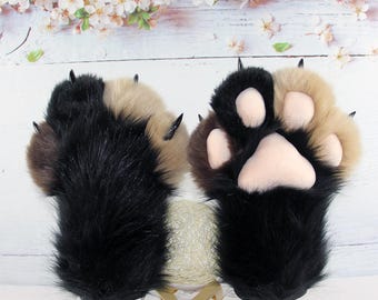 Custom handmade plush claw gloves, fluffy black and beige plush gloves with sharp claws, perfect for plush toy shows.