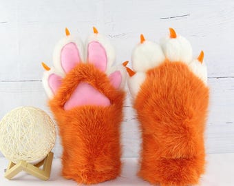 Handmade orange plush gloves, fluffy and soft, perfect for cosplaying animal paws. Available in multiple color combinations.